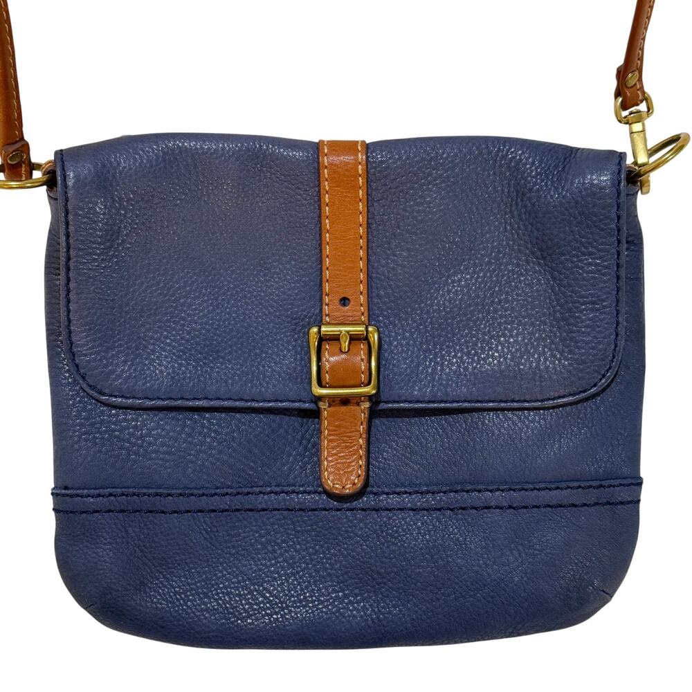 Fossil Blue Pebbled Leather Crossbody Bag Brown Trim Vintage Style